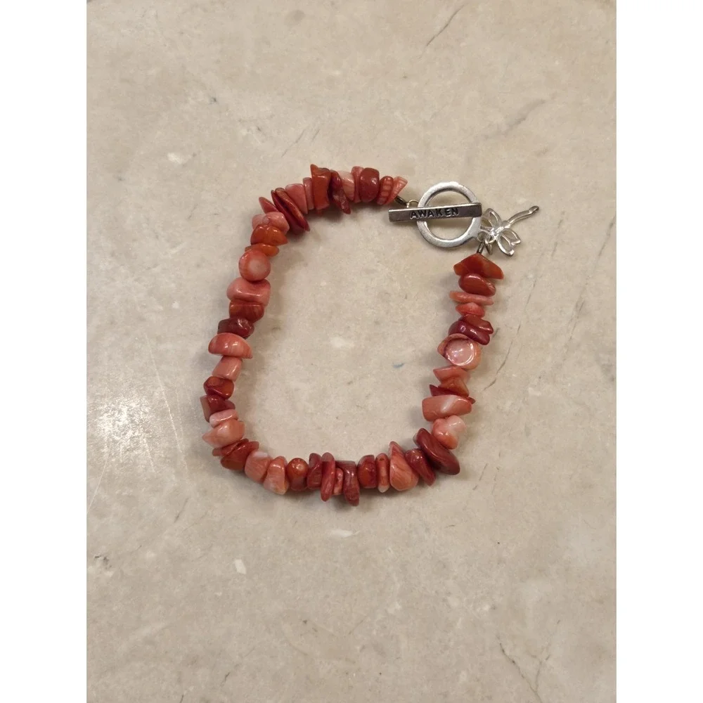 Branch Red Coral Stretch Bracelet Sterling Silver Clasp & Dragonfly Charm MC 925